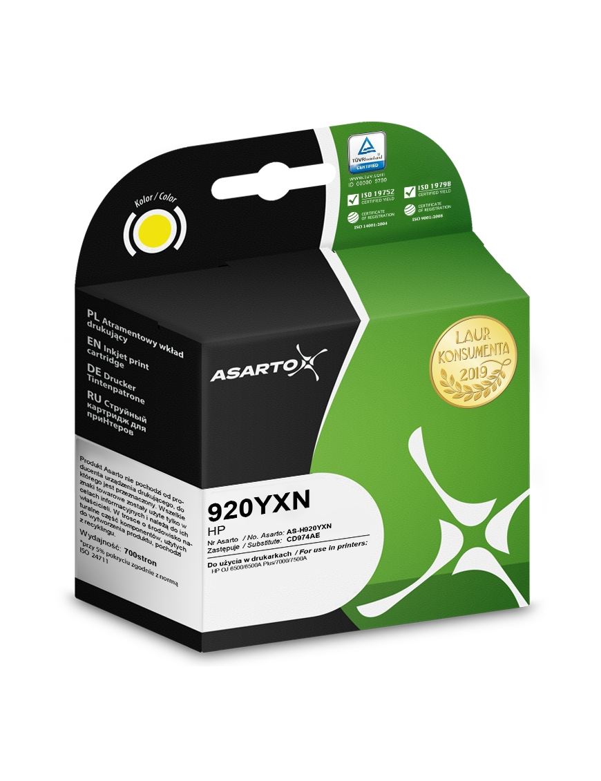 Tusz Asarto do HP 920YXN | CD974AE | 700 str. | yellow