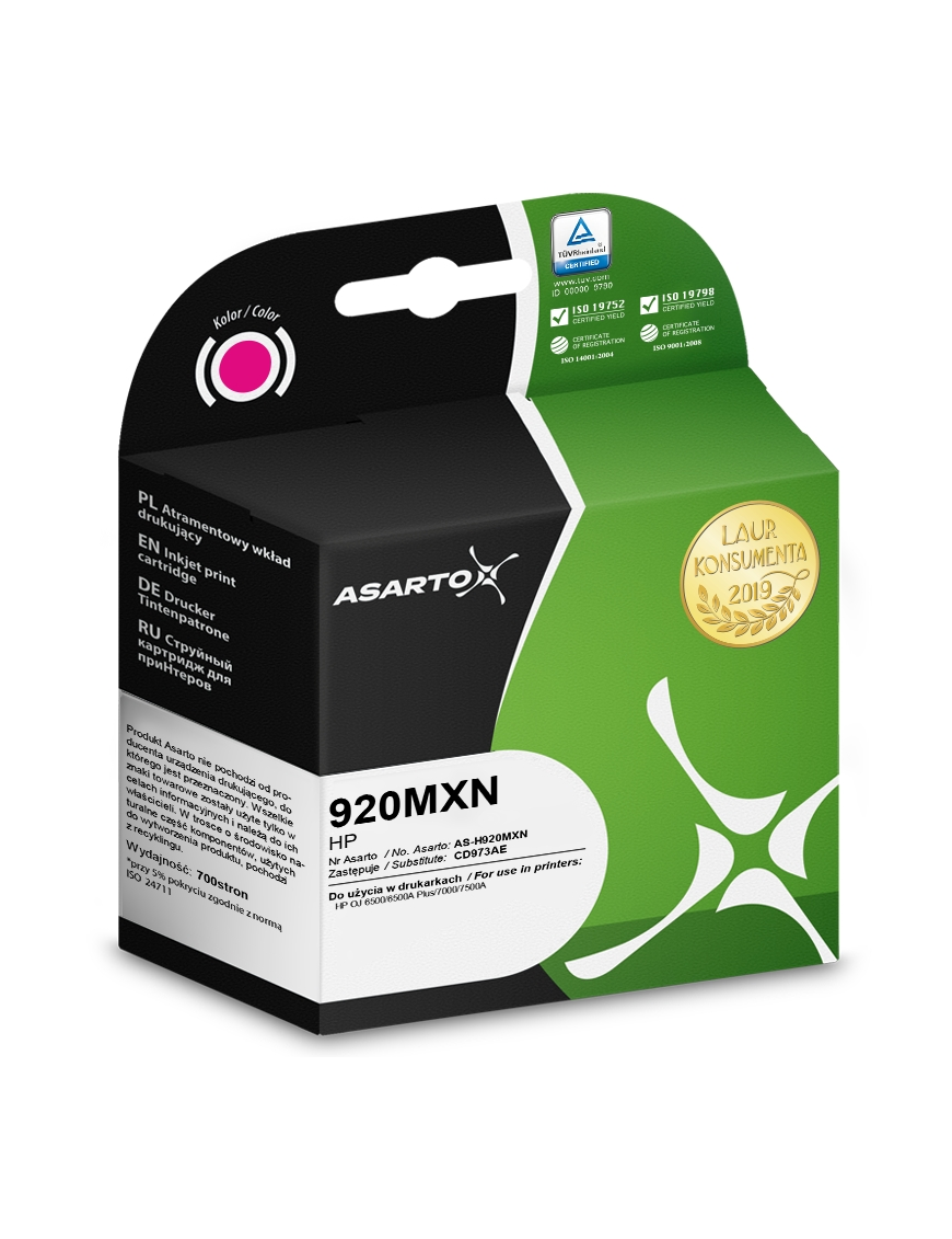 Tusz Asarto do HP 920MXN | CD973AE | 700 str. | magenta